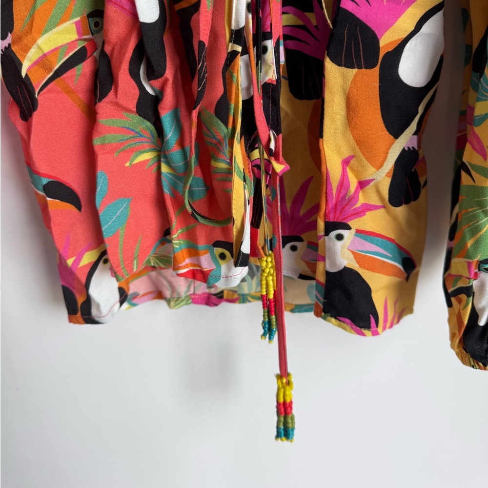 Anthropologie‎ Farm Rio Top Toucan Wrap balloon pull sleeve XS oversized bright - Picture 5 of 11